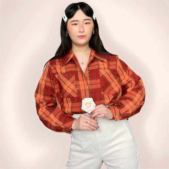 vtg orange plaid button up - Picture 3 of 4